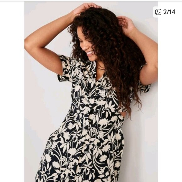 Old Navy Waist-Defined Midi Shirt Dress Navy Blue White Floral L - Picture 2 of 10